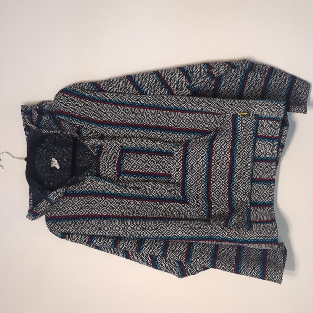 Blue, white and red drug rug